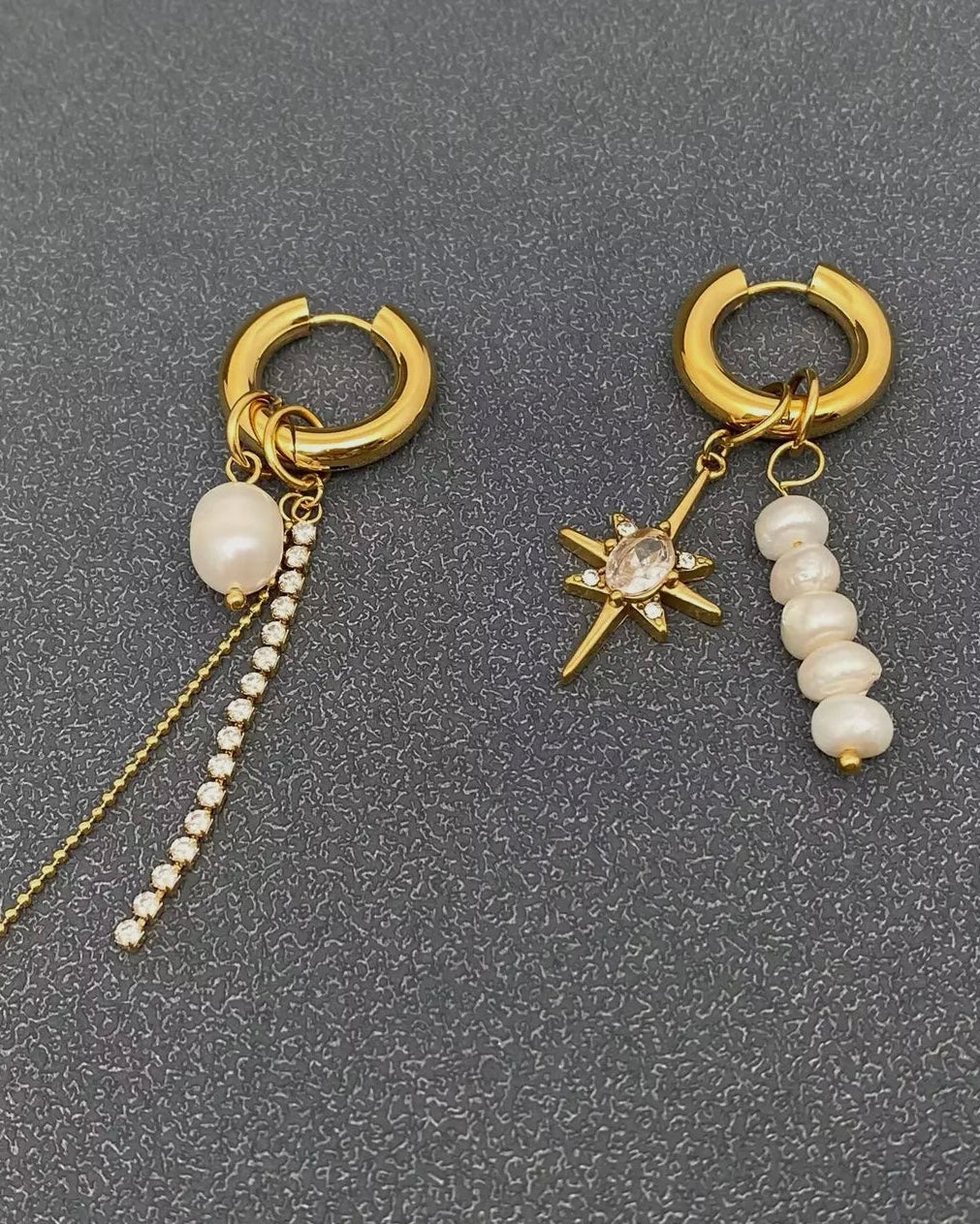 Pearl Zircon Star Charm 18 Gold Plated Huggie Earrings