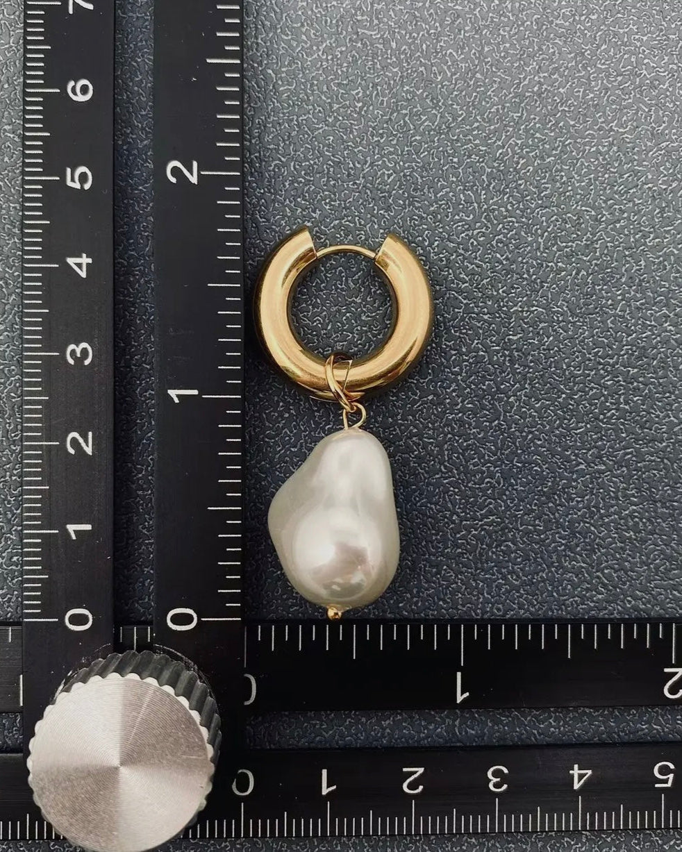 Pearl Charm Pendant 18K Stainless Steel Huggie Earrings