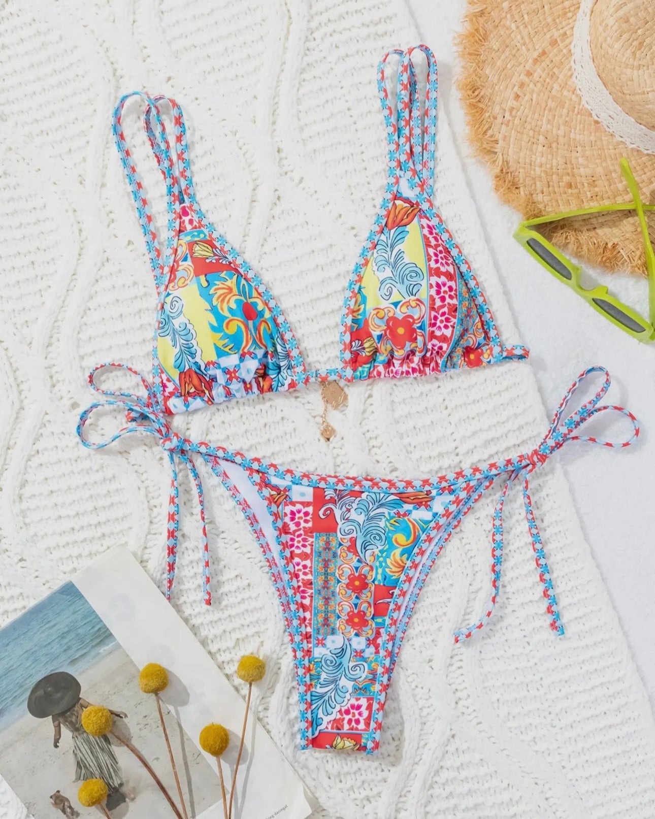 Bohemian Print Lace-Up Sexy Bikini Split Swimsuit Set - tulip
