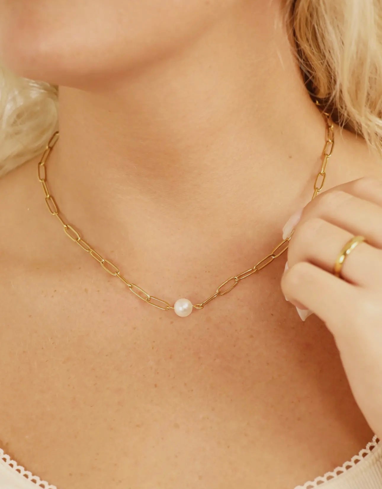 Stainless Steel / Gold Paperclip Necklace with Pearl
