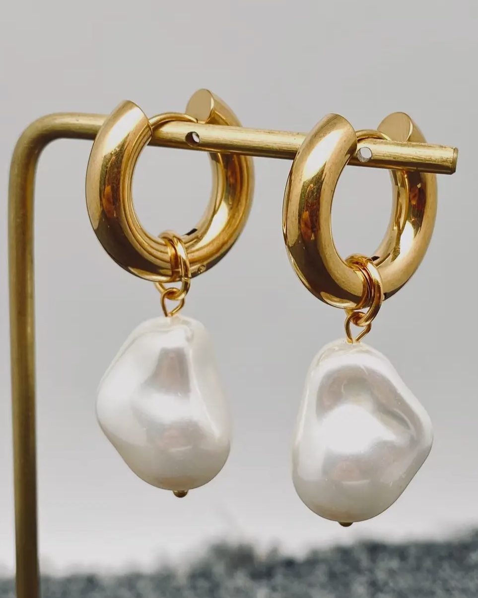 Pearl Charm Pendant 18K Stainless Steel Huggie Earrings