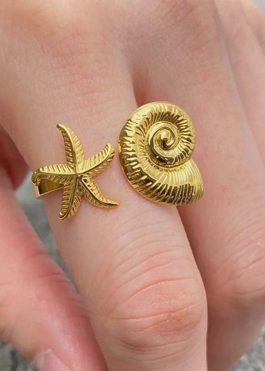18K Gold Plated Ss Starfish & Conch
Adjustable Ring - Fgs