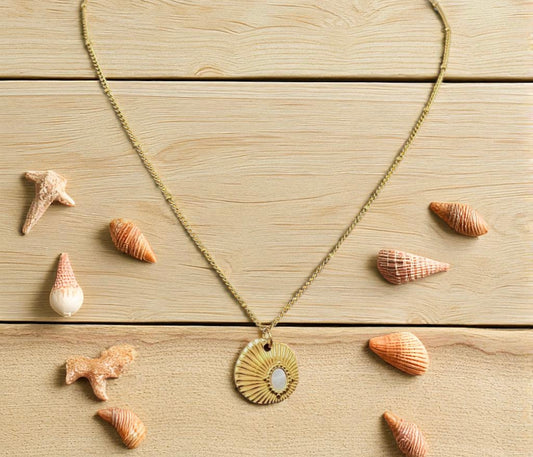 S.Steel Inlaid Shell Textured Charm Necklace