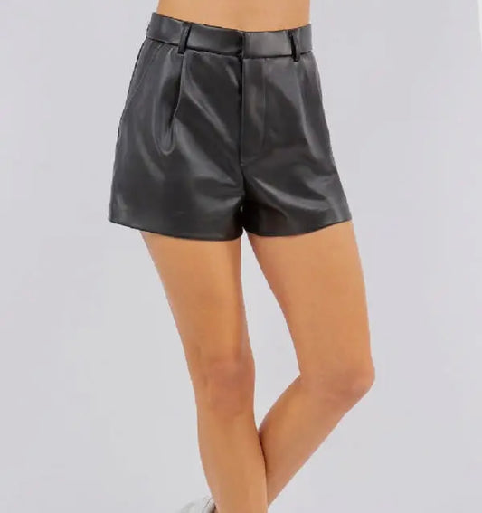 High Waist Pleated Pu Mini Shorts - black