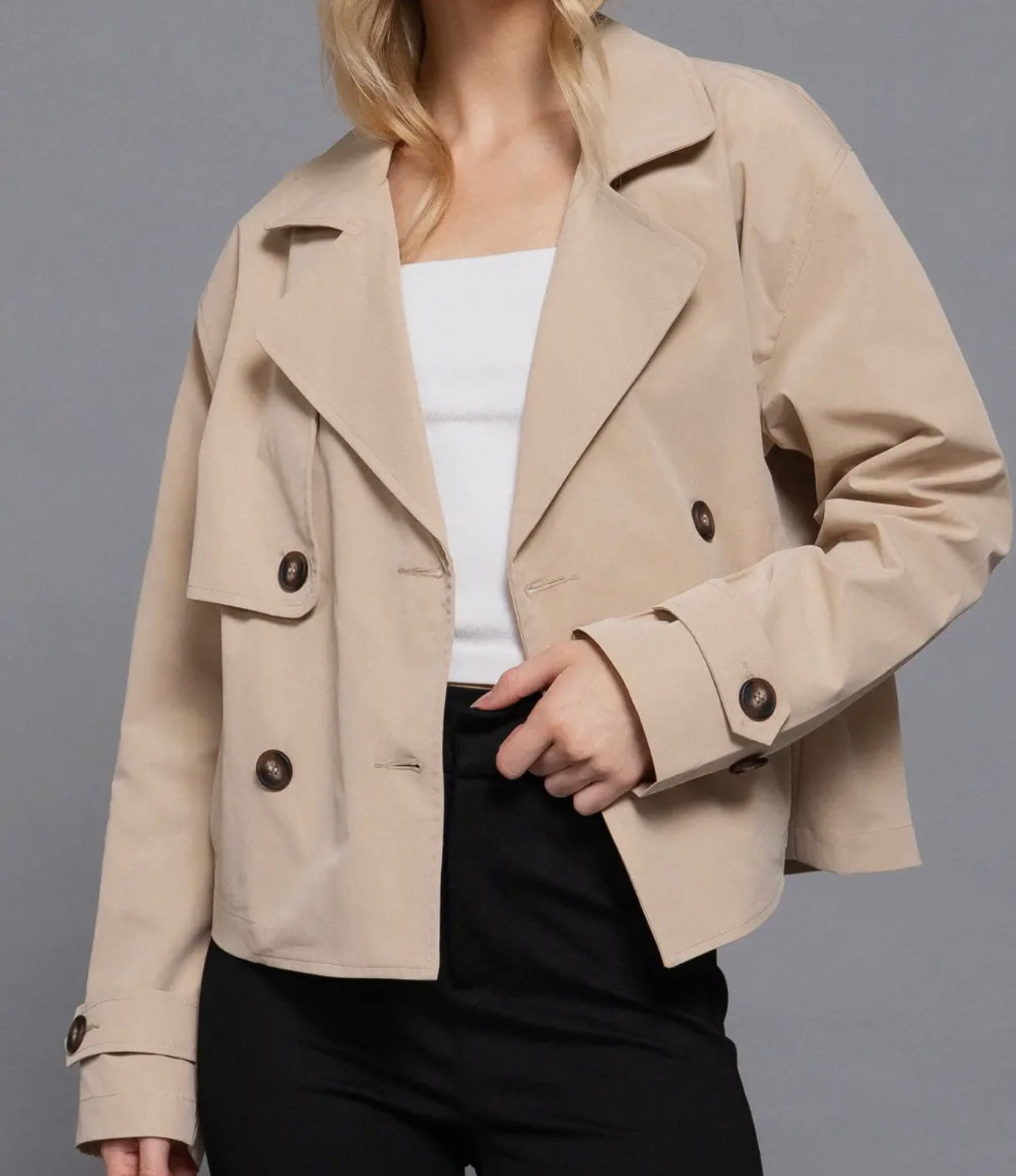 Long Sleeve Front Double Breasted Short Trench Jacket - beige