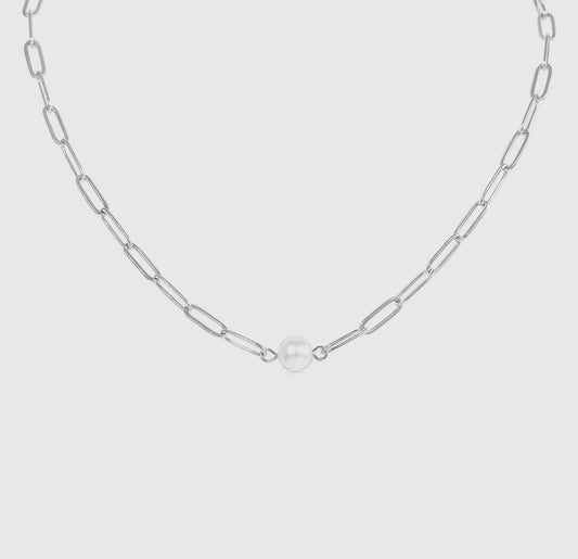 Stainless Steel / Gold Paperclip Necklace with Pearl