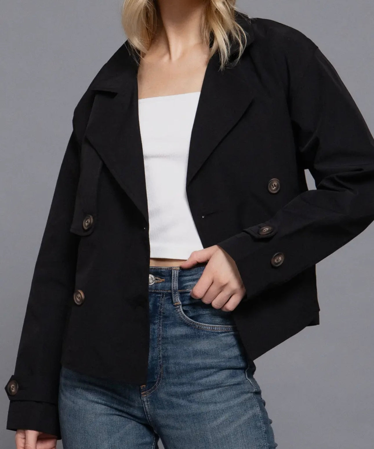 Long Sleeve Front Double Breasted Short Trench Jacket - black