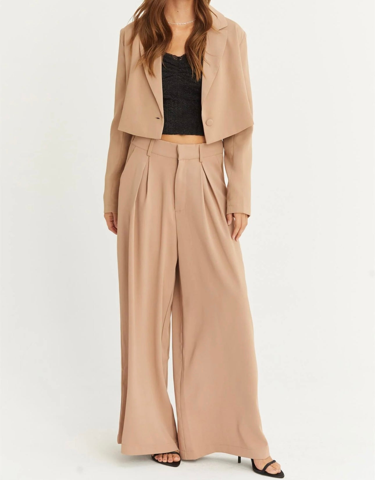 SET CROPPED BLAZER AND WIDE LEG PANTS SET - cream