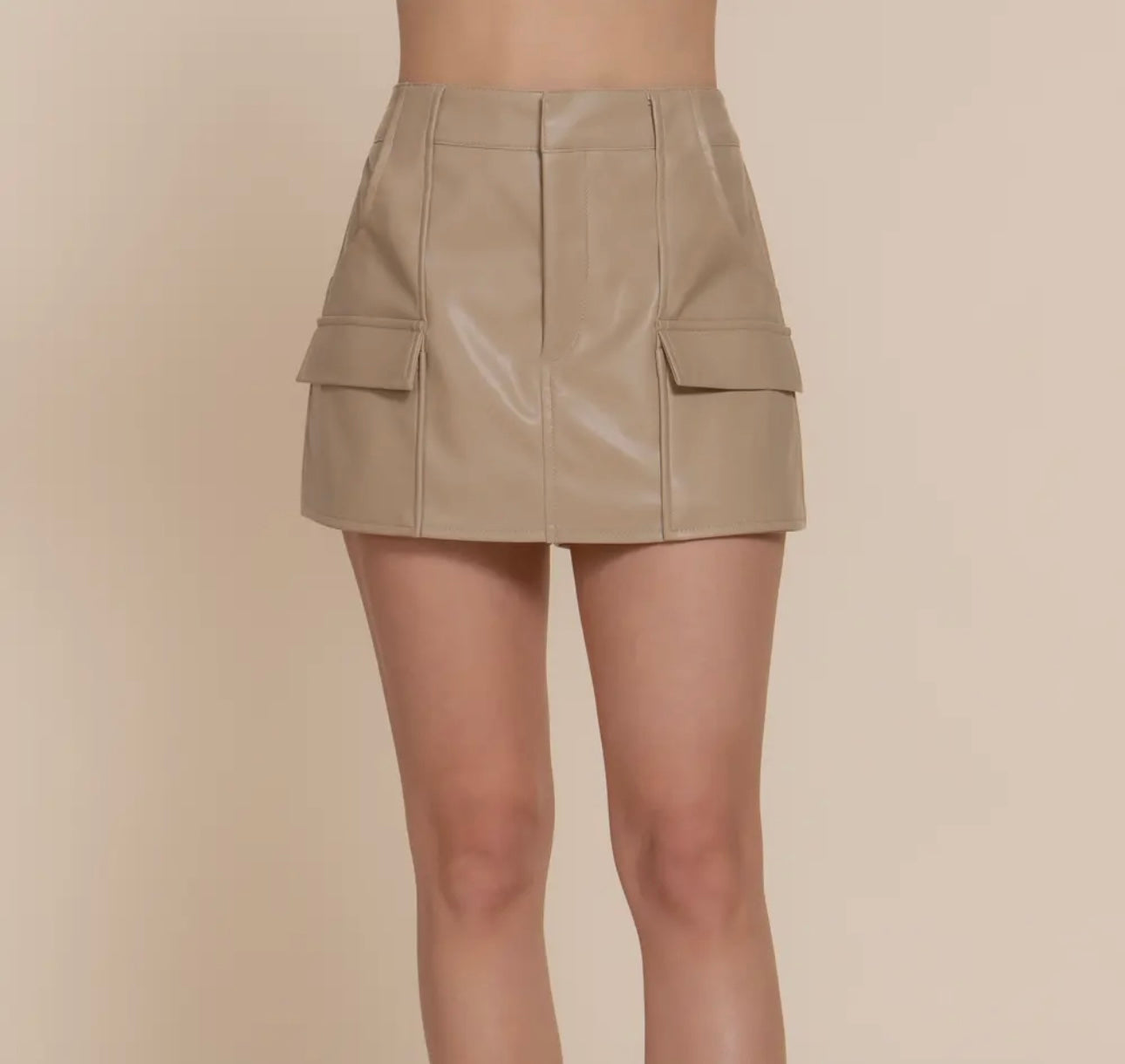 Faux Leather Cargo Skort - beige