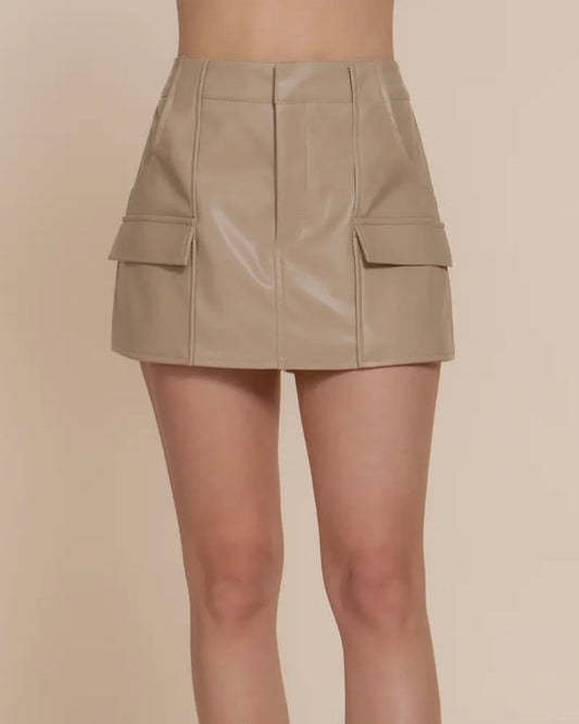 Faux Leather Cargo Skort - beige