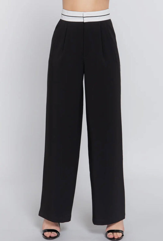 Contrast Waistband Straight Long Pants