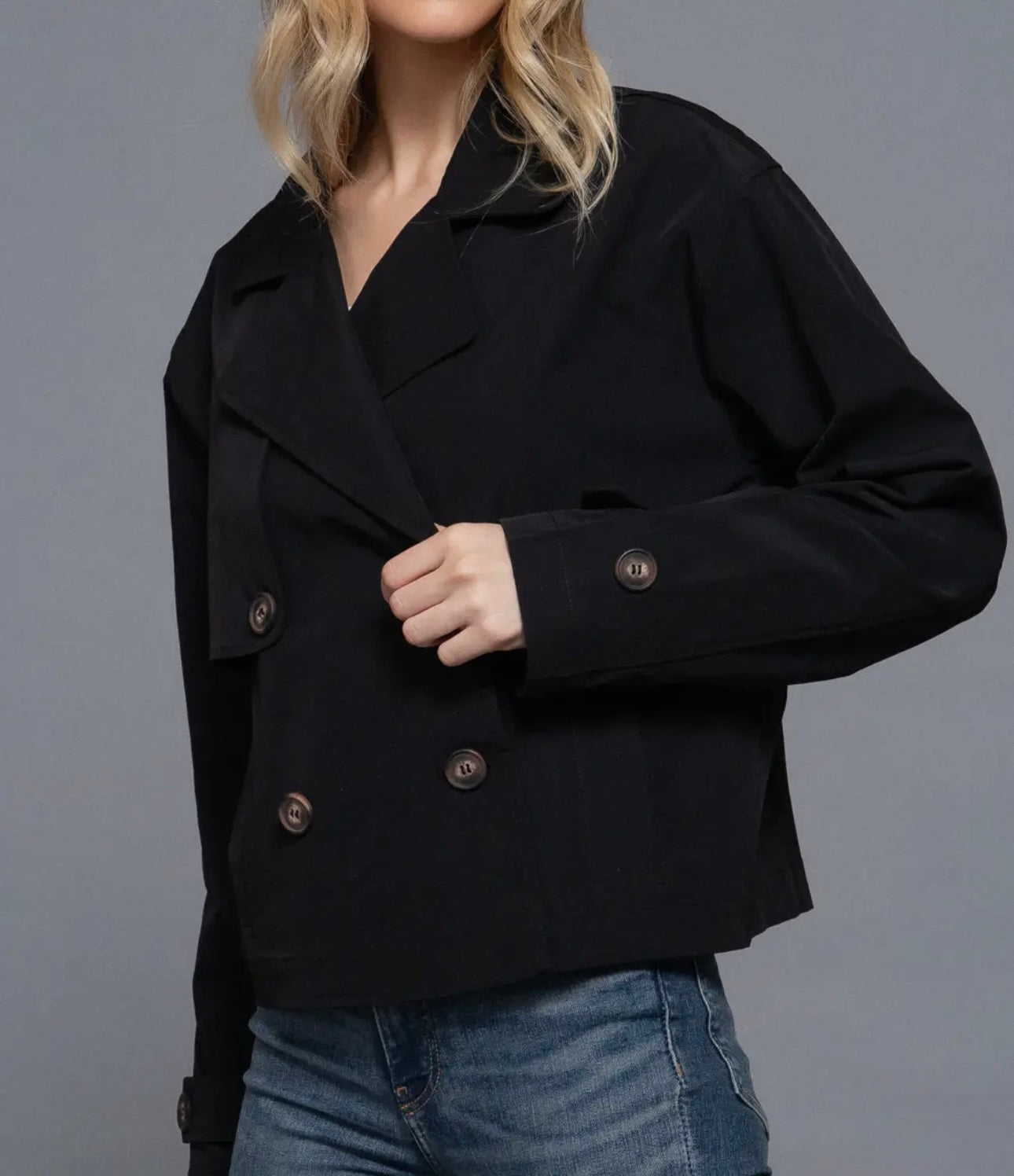 Long Sleeve Front Double Breasted Short Trench Jacket - black