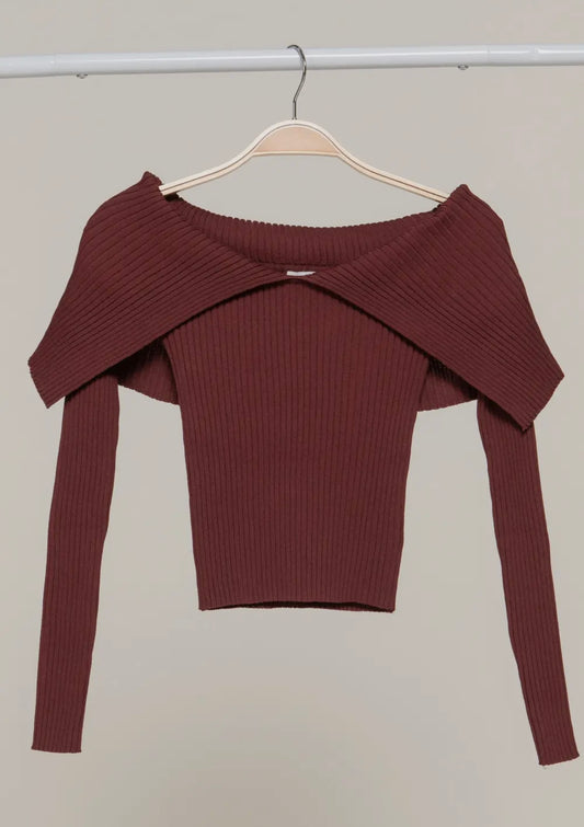 Long Sleeve Off the Shoulder Sweater - BRN-chocolate