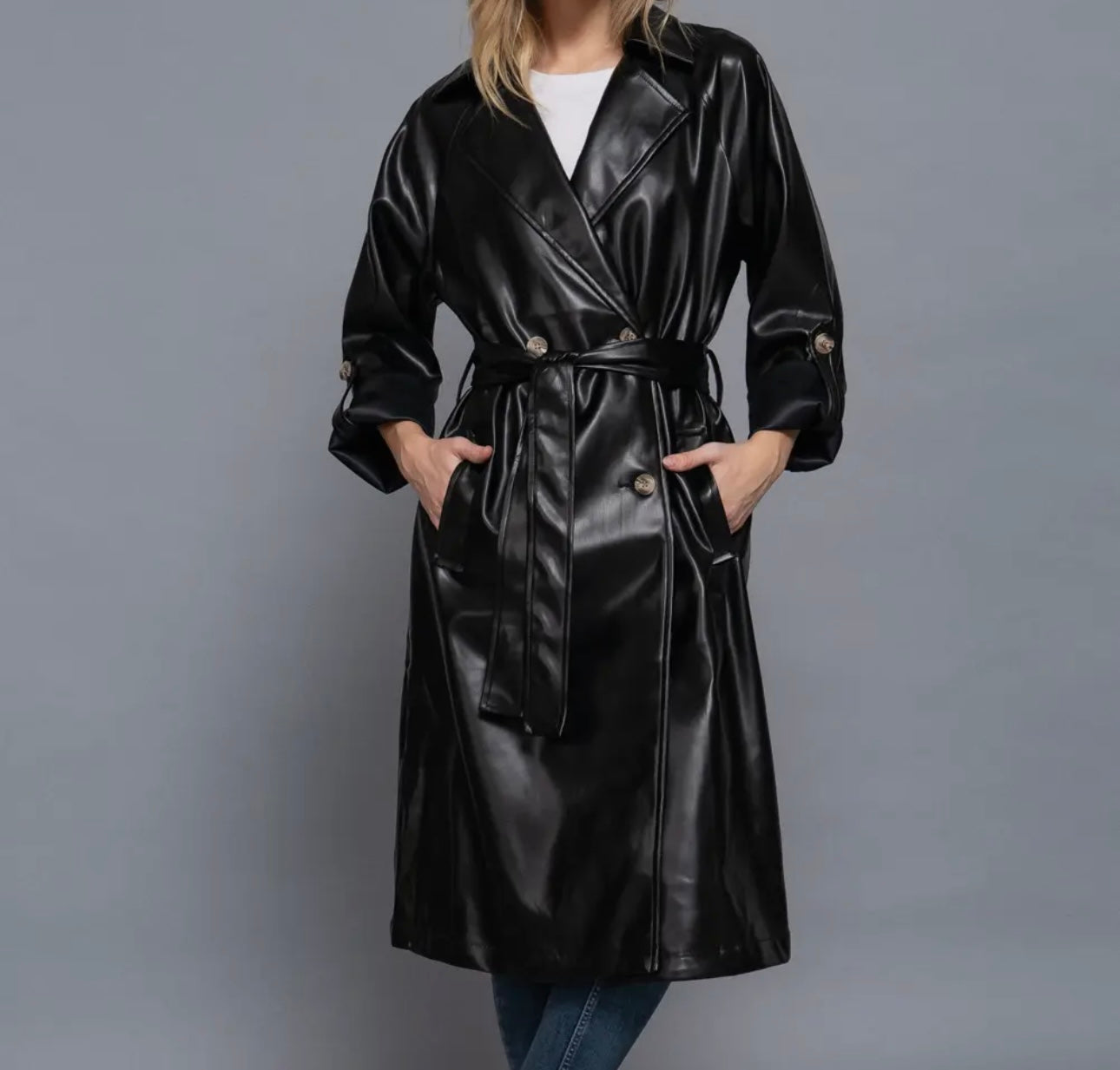 Double Breasted Button Faux Leather
Trench Coat