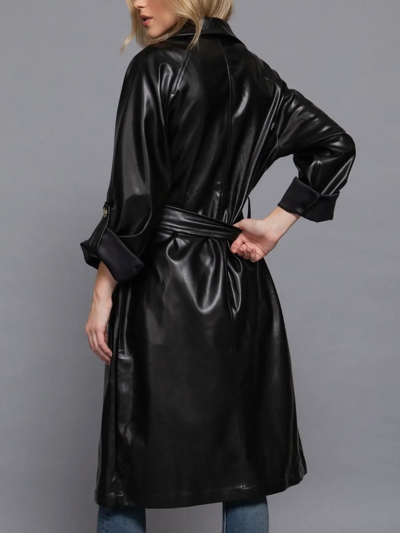 Double Breasted Button Faux Leather
Trench Coat