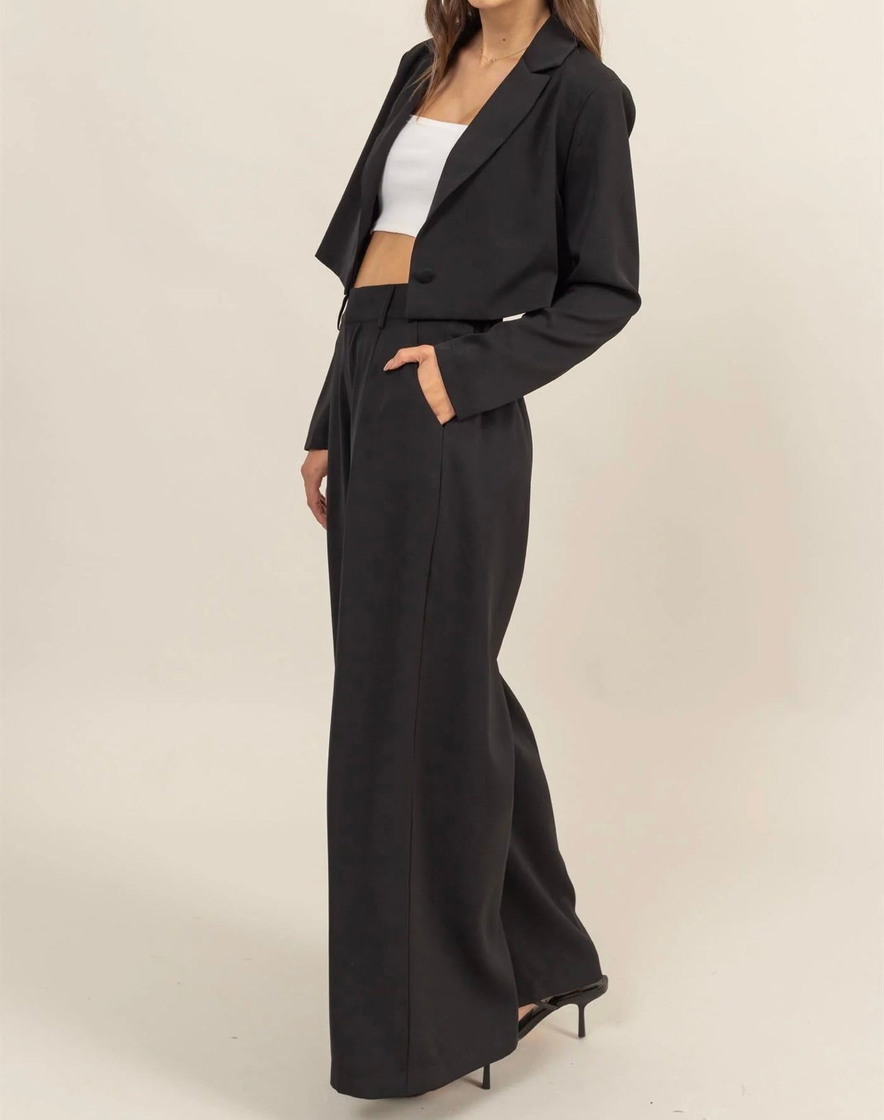 SET CROPPED BLAZER AND WIDE LEG PANTS SET