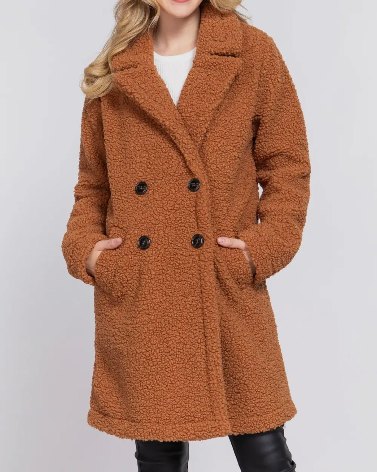 LONG SLEEVE DOUBLE BREASTED FAUX FUR TEDDY COAT - Brown