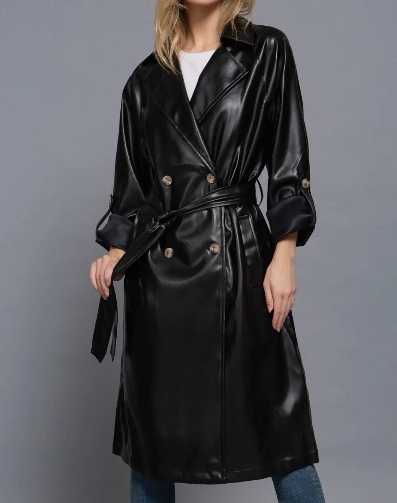 Double Breasted Button Faux Leather
Trench Coat