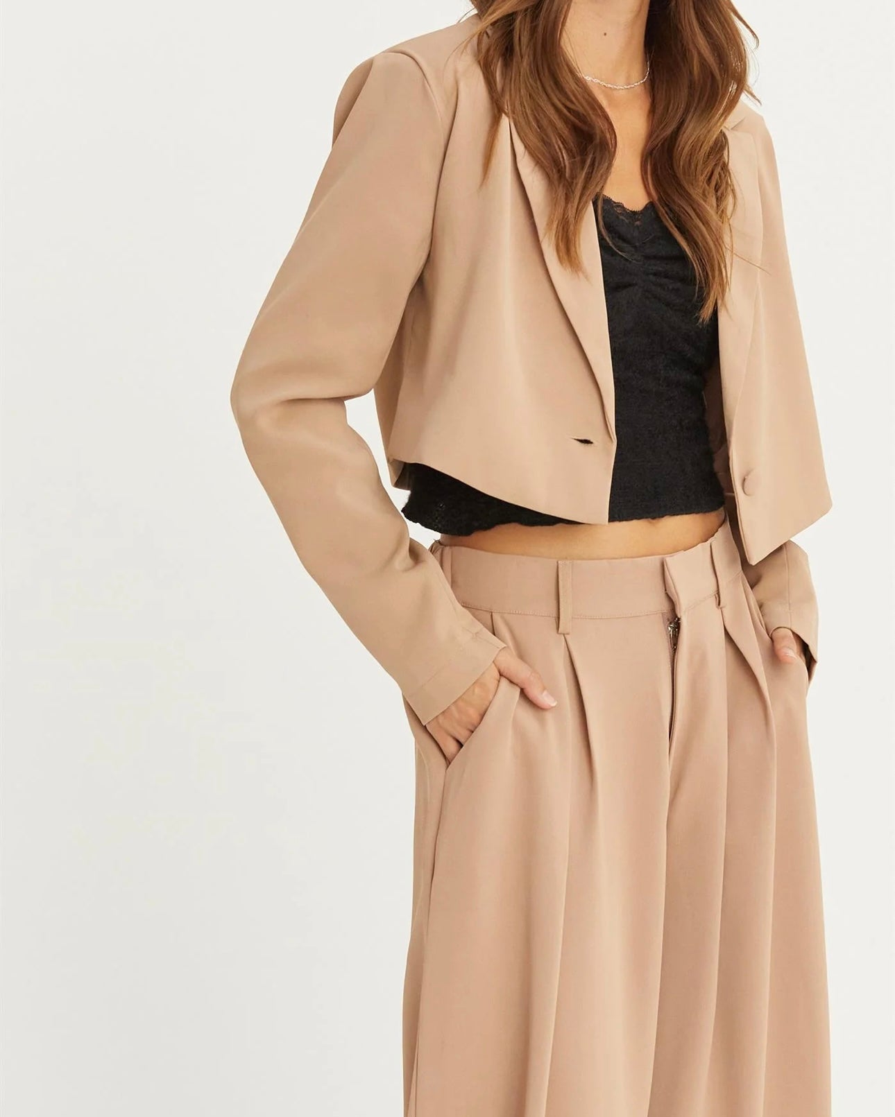 SET CROPPED BLAZER AND WIDE LEG PANTS SET - cream