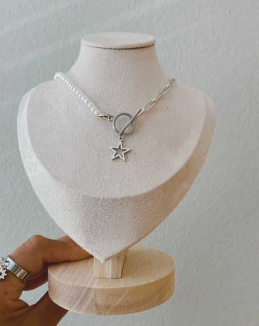 Half pearl and half chain & star necklace